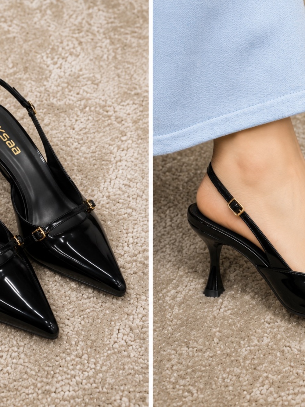 Glossy Black Patent Slingback Pumps with Pointed Toe